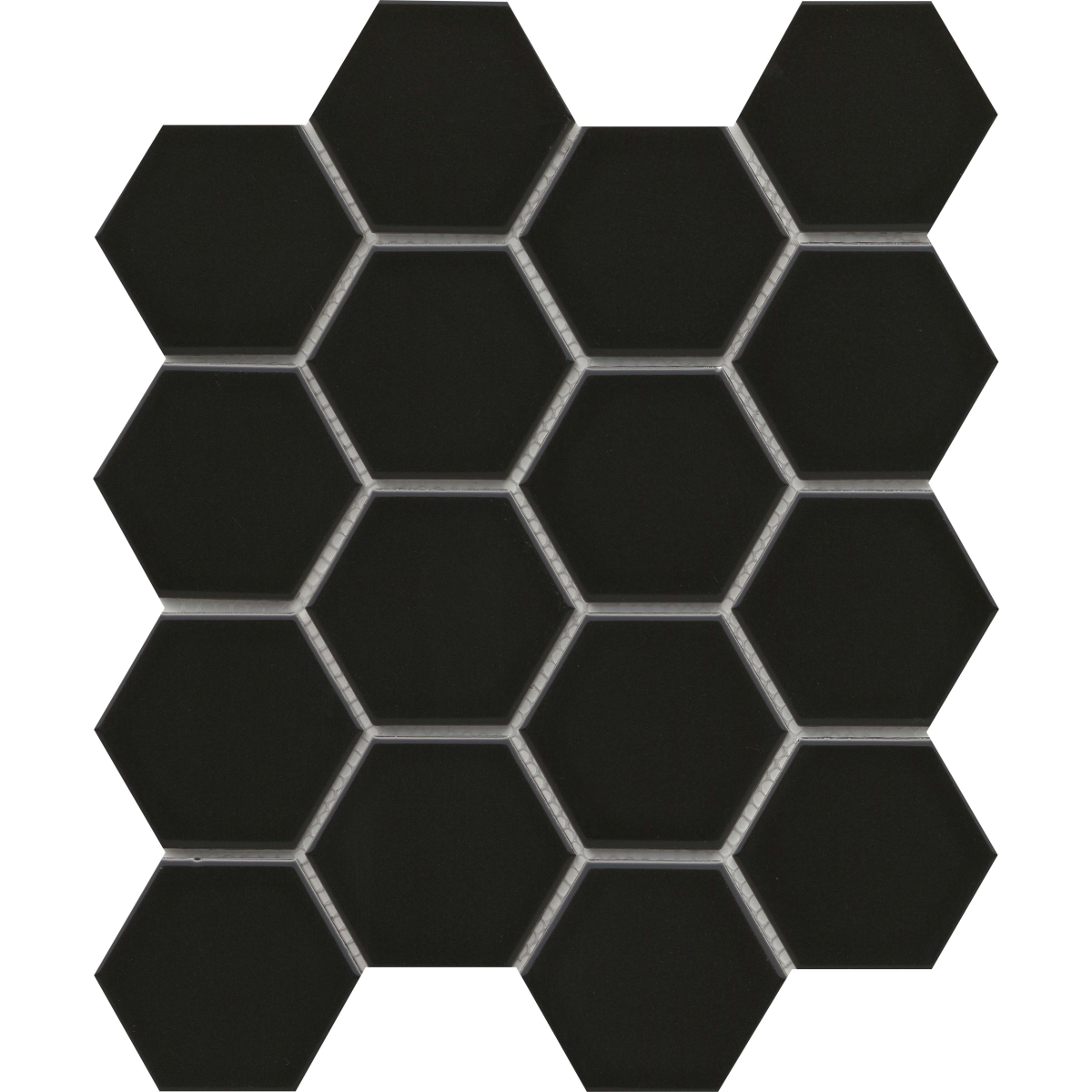 Catch Glossy 3in Hexagon Mosaic in Ice, Gray, Fawn, and Black colors, made of porcelain with a glossy finish