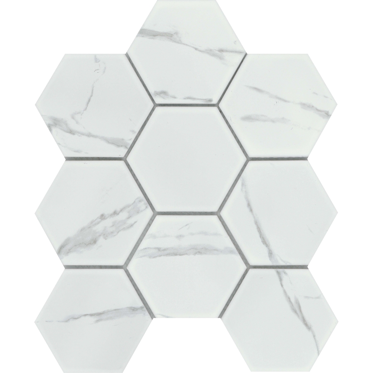 Elegan Matte 4inch Hex Mosaic tile in Calacata and Nero colors, porcelain material, 11x11 size, matte finish.