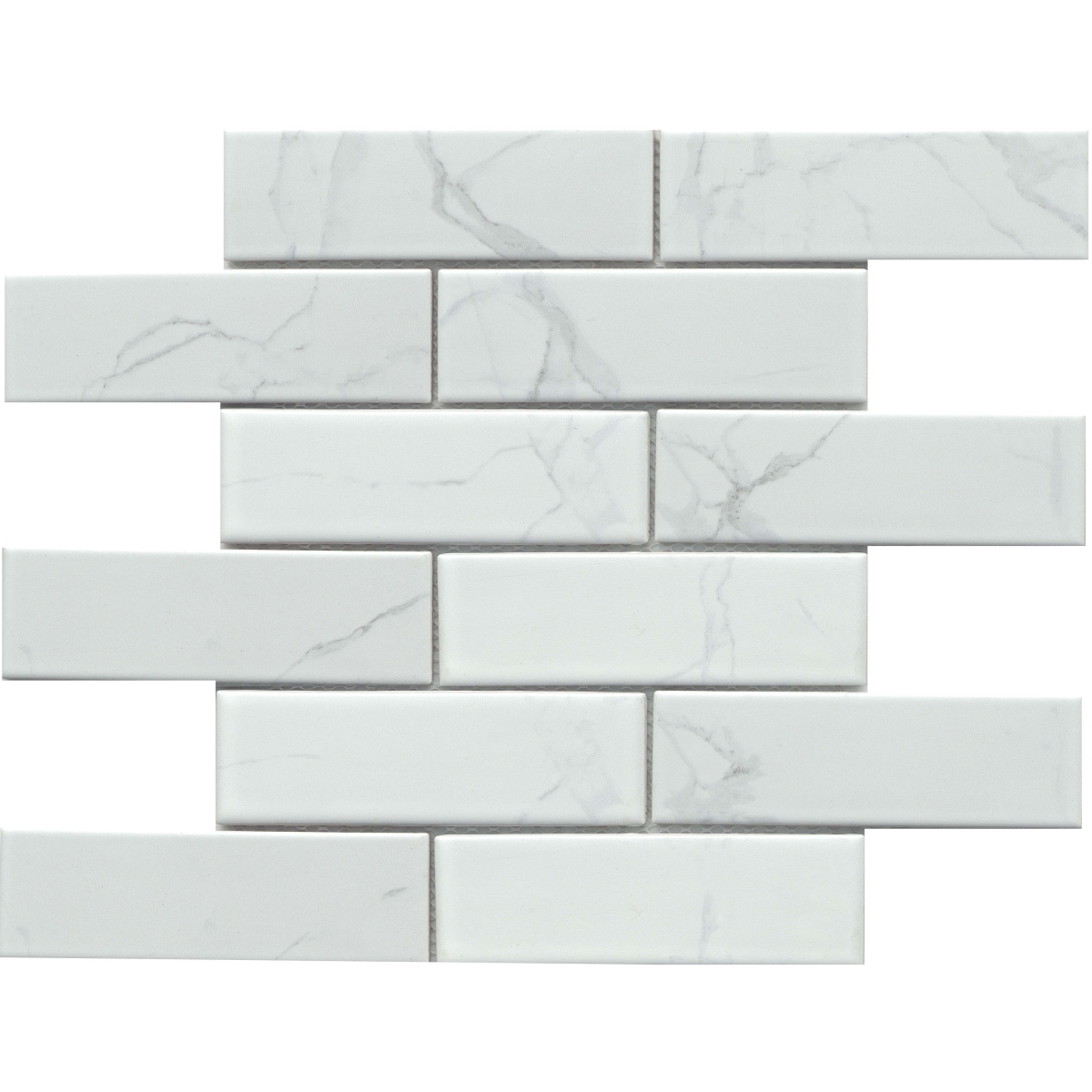 Elegan Matte Offset Mosaic tile in Nero and Calacata colors, 2x6 and 11x12 sizes, porcelain material, matte finish