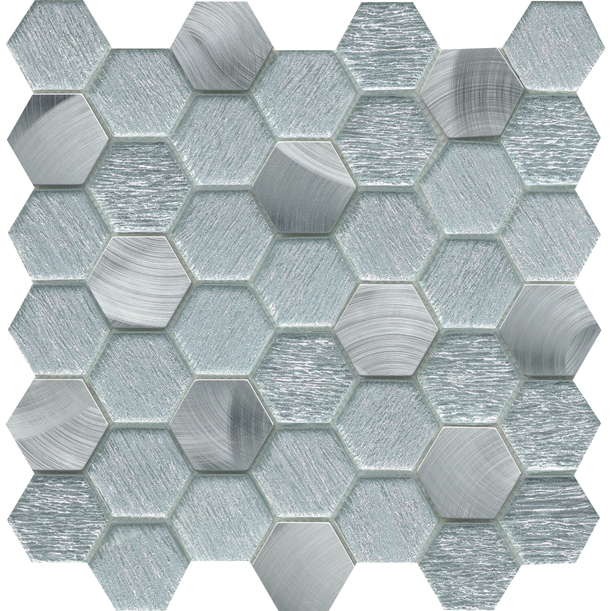 Glitz Mosaic Tile in Fame, Joy, Value, Love, Glory colors, glossy glass material, square shape, 1.89x2.2 inch size