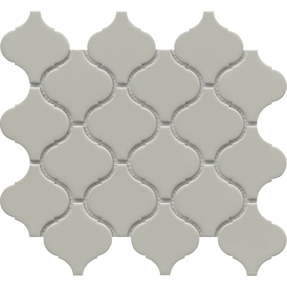 Influence Gloss Arabesque Mosaic tile in fawn, gray, and white colors, 3x3 and 10x11 sizes, glossy porcelain material