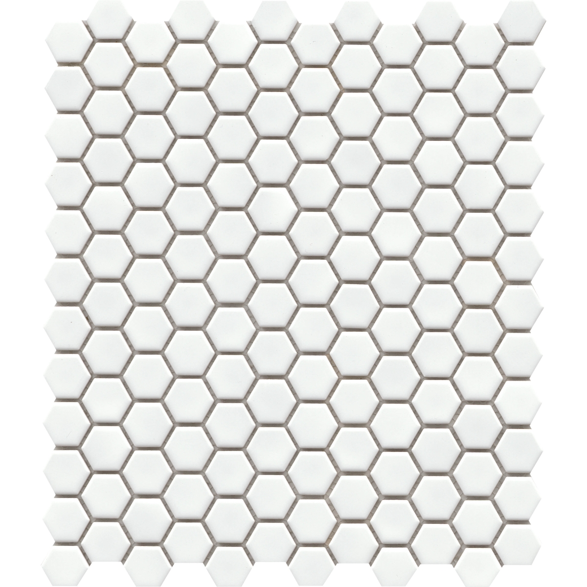 Influence Gloss 1in Hex Mosaic in gray, white, and fawn porcelain with glossy finish, size 10x12