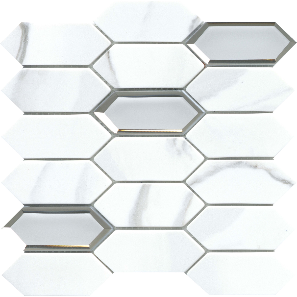 Lamour Polished Picket Mosaic tile in white glass, size 2x5 and 12x12, polished finish, ideal for stylish wall applications.
