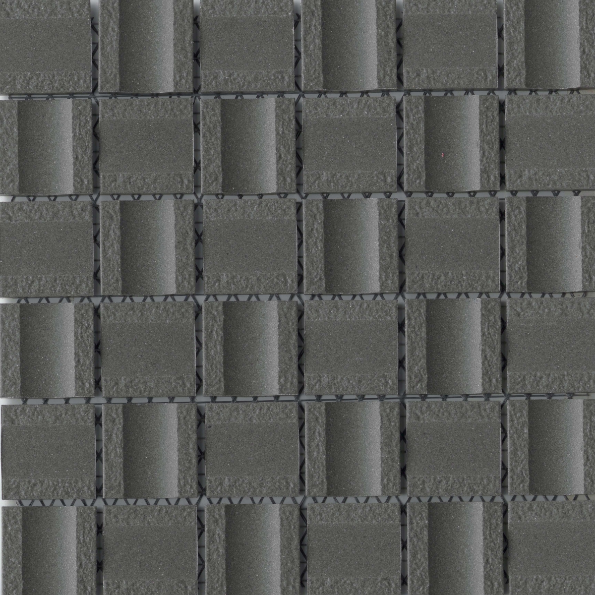 Modan Mosaic tile in Black, Rust, Silver, and White porcelain with a matte finish, square shape, 1.85x1.85 and 12x12 sizes.