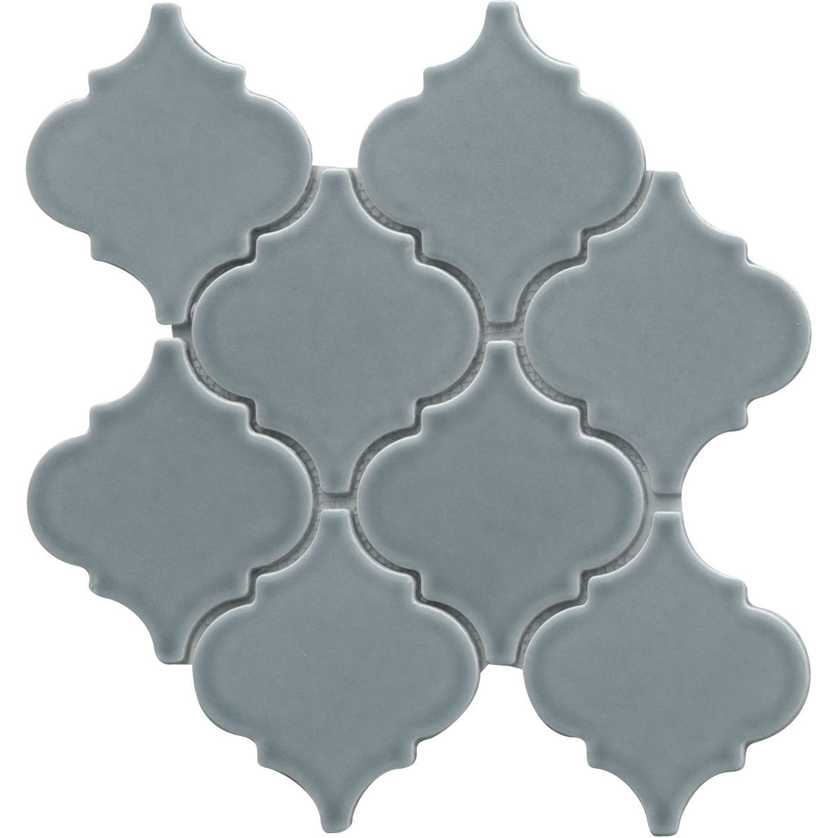 Morocco Arabesque Gloss Mosaic Tile in white, dove, fawn, and silver colors, porcelain material, size 4.6x5.3 inches, glossy finish