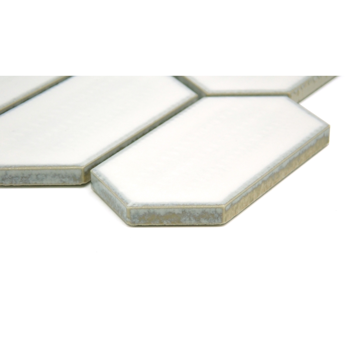 Omni Glossy Picket Mosaic tile in ivory, navy, and white colors, rectangular shape, glossy porcelain finish, 1.8x3.8/10x12 size