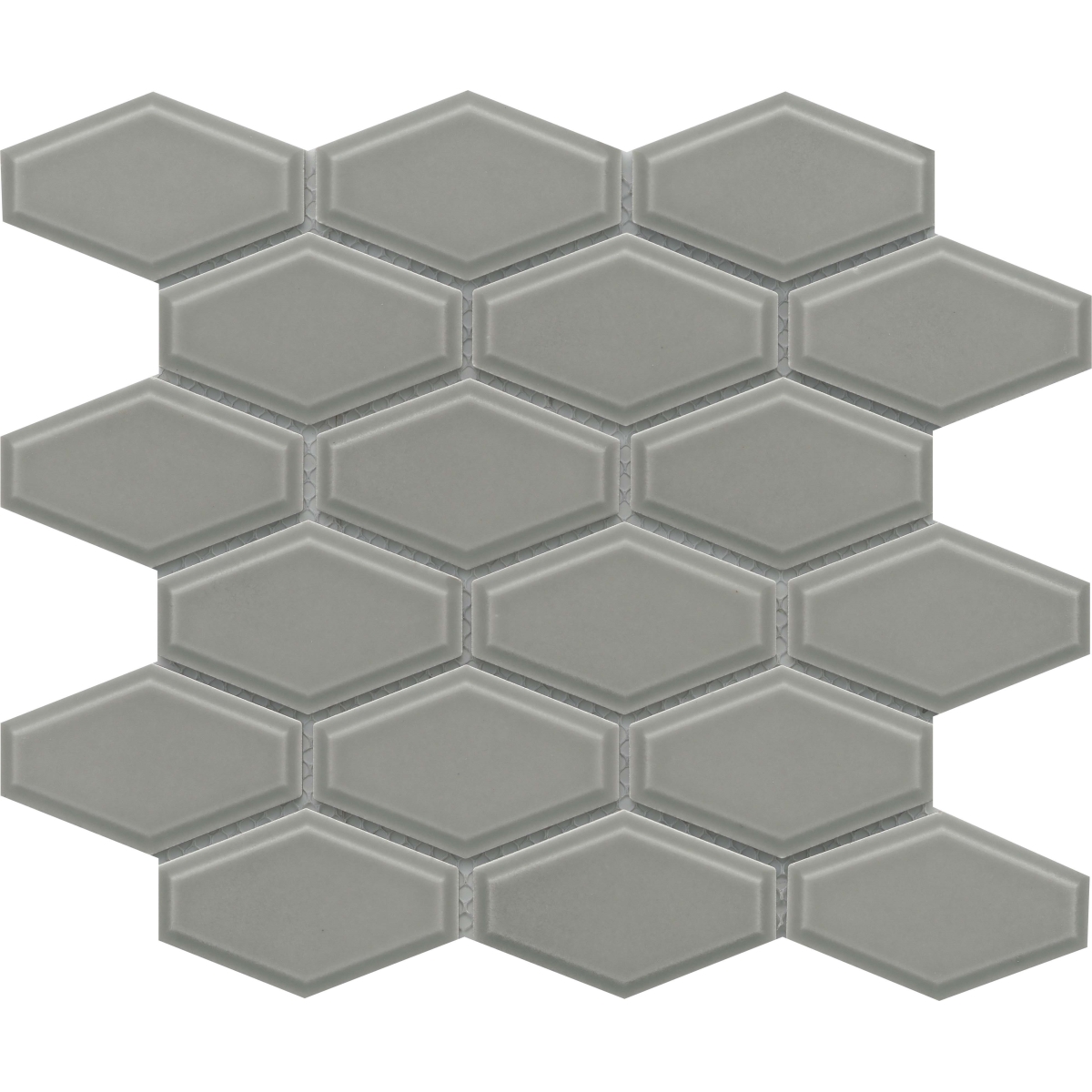 Reward Glossy Beveled Hex Wide Mosaic in dove, taupe, white, and gray porcelain tiles, 2x4/10x11 size, glossy finish