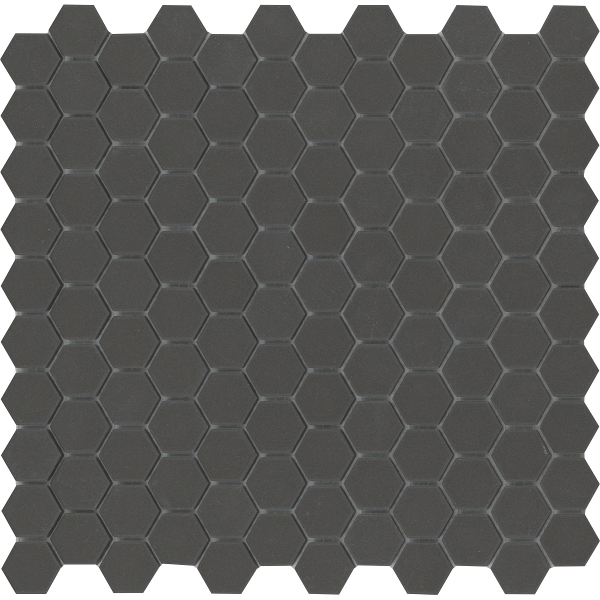 Source 1in Hex Mosaic tile in black, gray, and light blend colors, matte finish, porcelain material, size 1x1 and 11x11