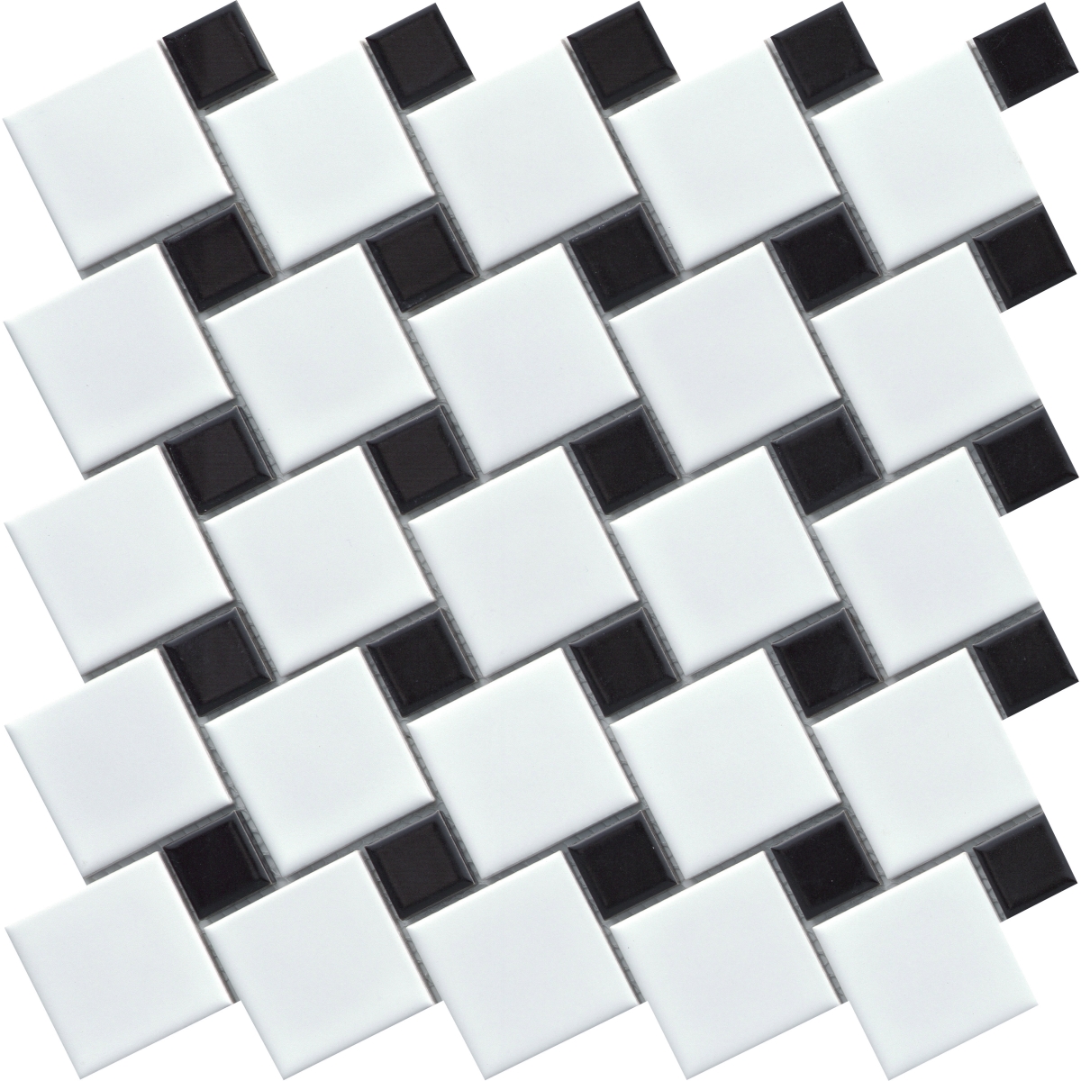 Spin Dot Mosaic tile in White/Navy color, 11x11 square porcelain with matte finish