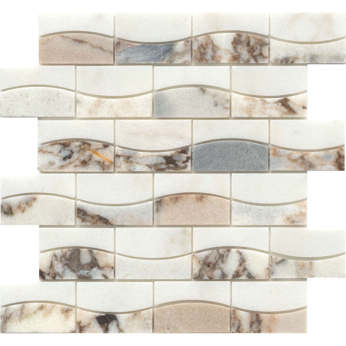 Talento Polished Wave Mosaic tile in Oro and Gris finish, marble material, sizes 2x3 and 12x12, rectangle shape