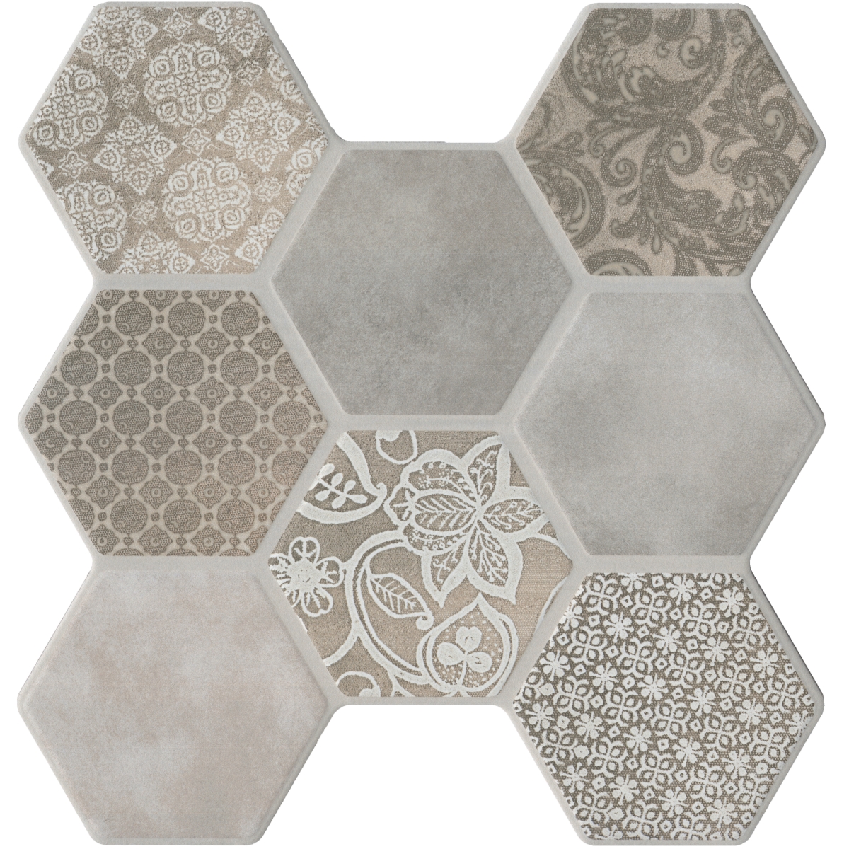 Virtue porcelain tile in beige, white, ivory, and gray, 18x18 square, matte finish, made from durable porcelain