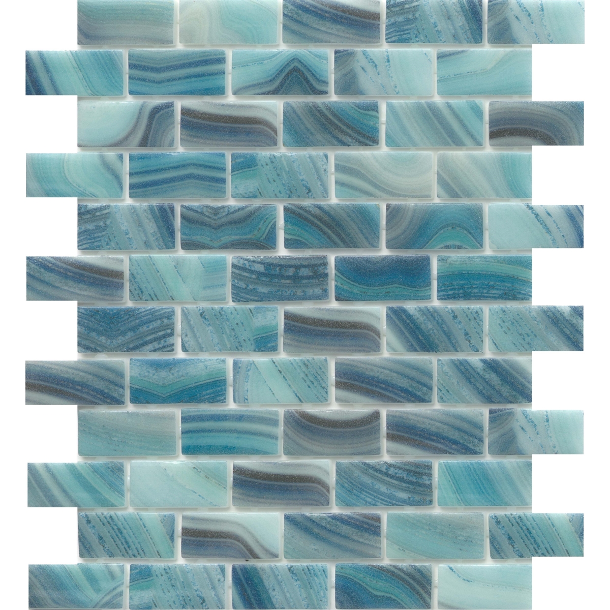 Waterlace Matte/Satin Offset Mosaic tile in various colors including Viro, Ono, Toki, Uma, and more, made of glossy glass, size 1x2/10x12