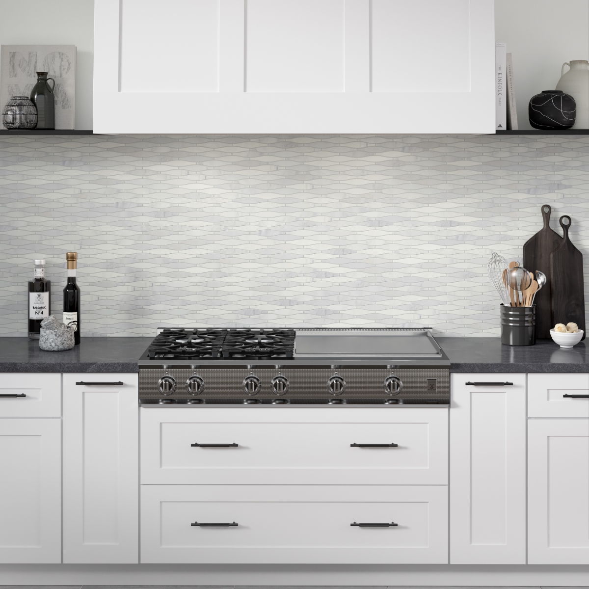 Marble Convex Mosaic in Winter Frost color, polished finish, sizes 1x6 and 12x12, made of marble
